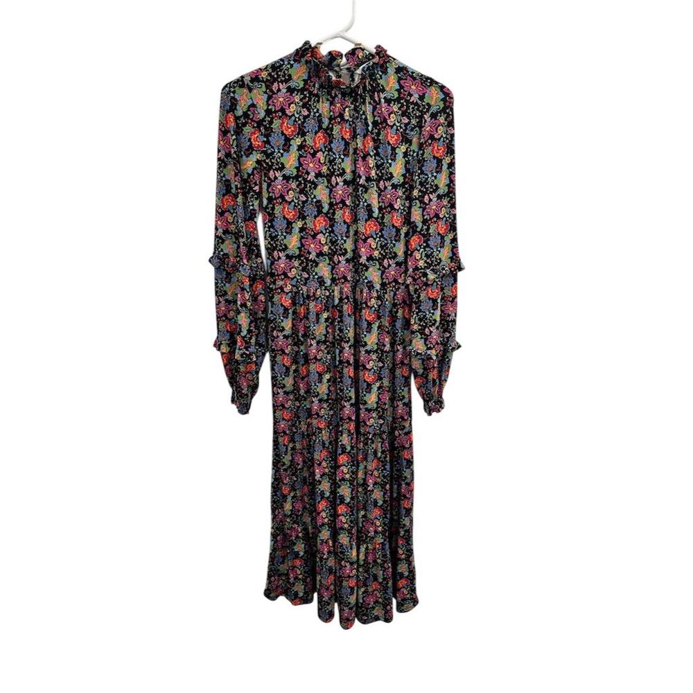 Boden Women's Floral Midi Dress Size 2 Long Sleeve Mock Neck Casual Black‎